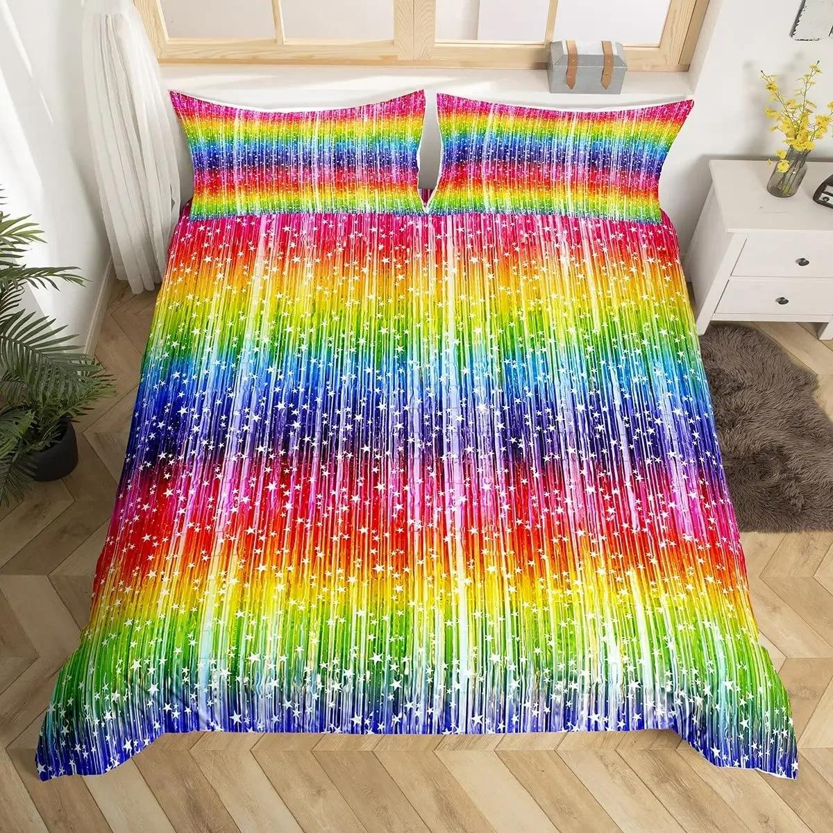 

Kawaii Rainbow Duvet Cover Cute Stripes Rainbow Bedding Set For Kids Girl Cartoon Quilt Cover Hand Drawn Iridescent Print Room EU Single(135x200cm)