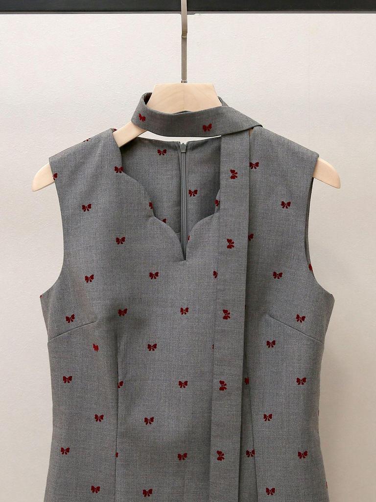 High-End Women's Autumn French Heiress Bow Print Pleated Vest Dress