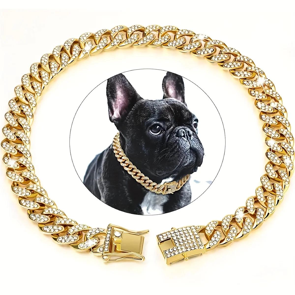 

Diamond Dog Chain Collar Gold Cuban Metal Chain Collar for Dogs Cats Pet Crystal Jewelry Accessories Cuban Collar 20cm золотий
