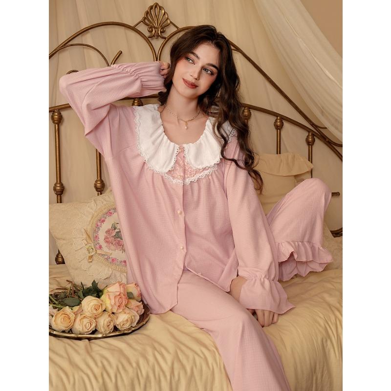 Women Korean Court Style Lace Trim Long Sleeve Loose Pajama Homewear Set
