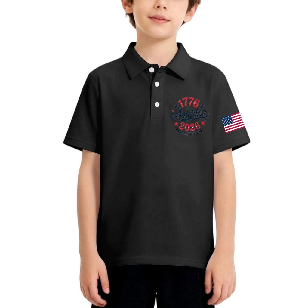Kids Short Sleeve Polo Shirt Casual Everyday Wear Independence Day Print Tee Shirt with Button Collar and Embroidered Sleeve Patch for Boys