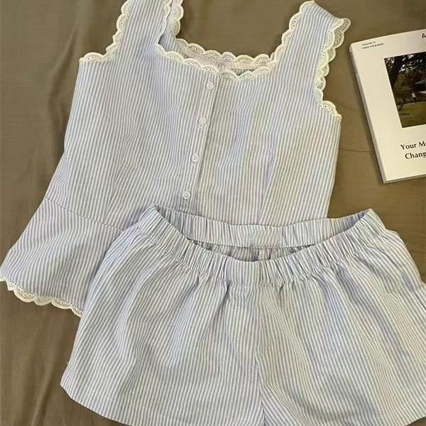 

Fashion and simple style striped pajamas women s summer suspender shorts can be worn outside loungewear two-piece beautiful girl suit s [recommended weight 35-40kg ]
