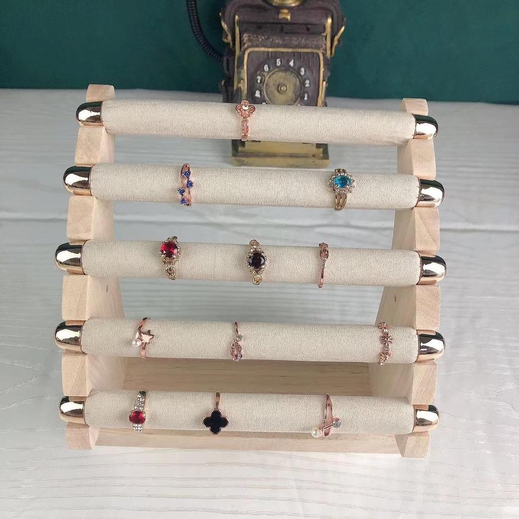 Rubber Wood 5-Layer Ring Display Stand for Jewelry Presentation and Photography