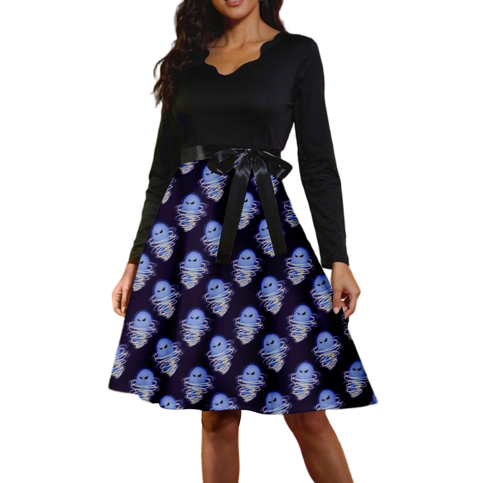 

Женские повседневные модные винтажные длинные платья с длинным рукавом на Хэллоуин и графическим принтом XL синий