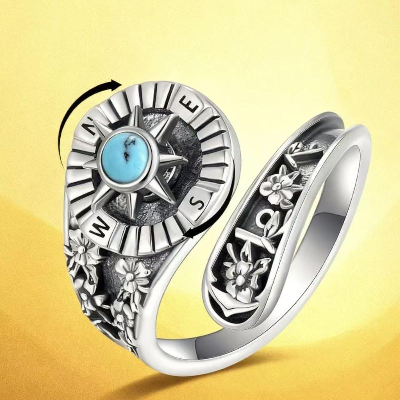 Adjustable Opening Women Vintage Ring Natural Turquoise Gemstones and Compasses Accessory Symbolic Jewelry Gift