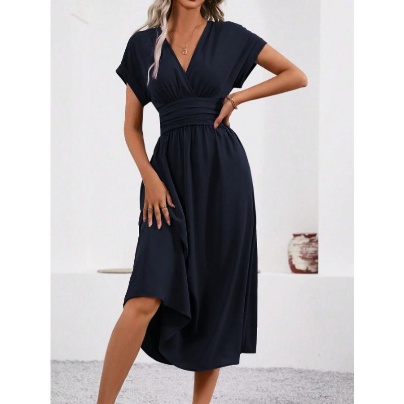 New Women's Elegant Solid Color Batwing Sleeve Maxi Dress, Overlap V-Neck Waist Pleated Long Dress for Summer Casual & Formal Occasions