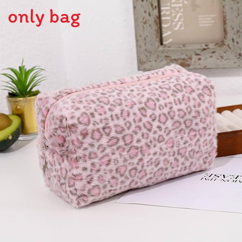 Plush Pink Leopard Print Makeup Bag With Travel Organizer For Women