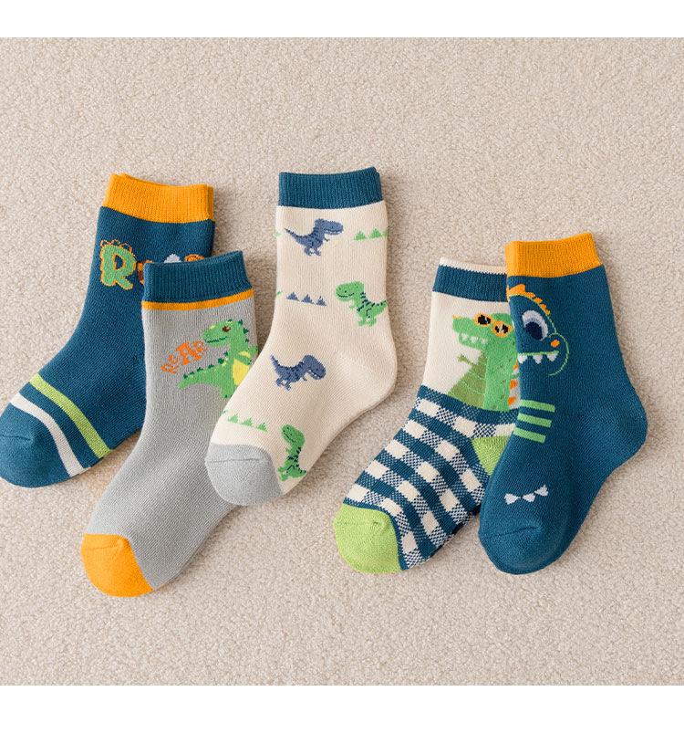 Children's Thickened Warm Cotton Dinosaur Terry Socks - Mid-Calf Length for Boys and Girls