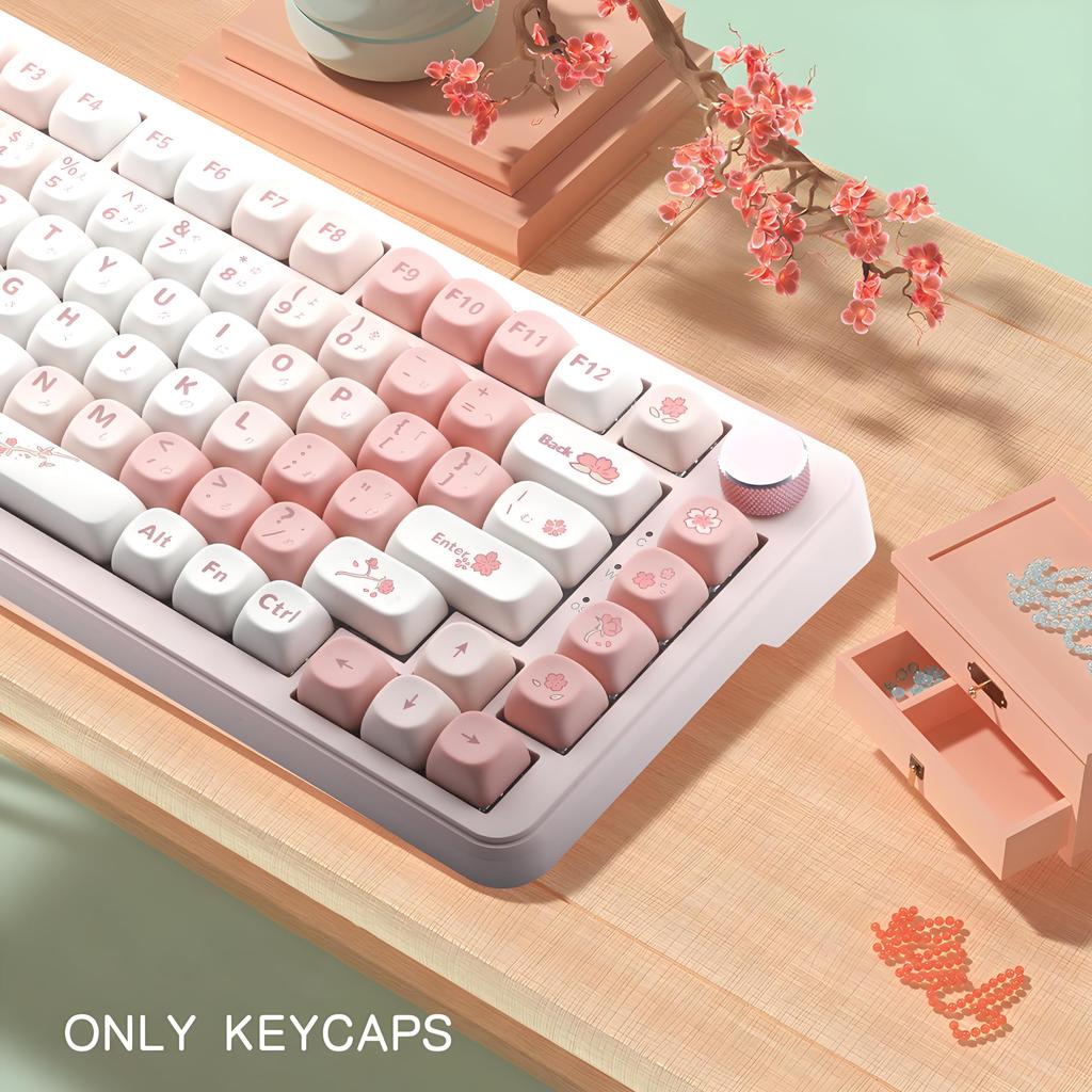 134 Key PBT Japanese MOA Profile Sakura Pink Dye Sublimation Keycaps for MX Switches Mechanical Gaming Keyboard Keycaps, Theme, 5-Side
