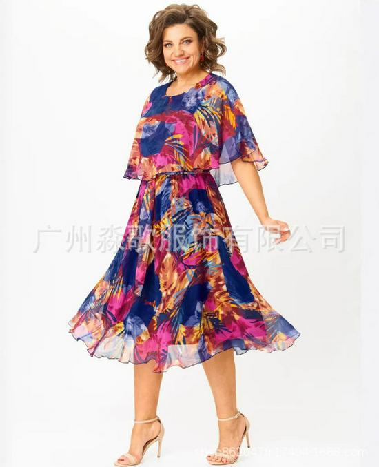 2026 Euro-American Mesh Print Round Neck Dress 4XL вино красного