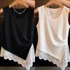 Women Summer Solid Tanks Bow Pattern Hollow Out Lace Patchwork Design O-neck Thin Top