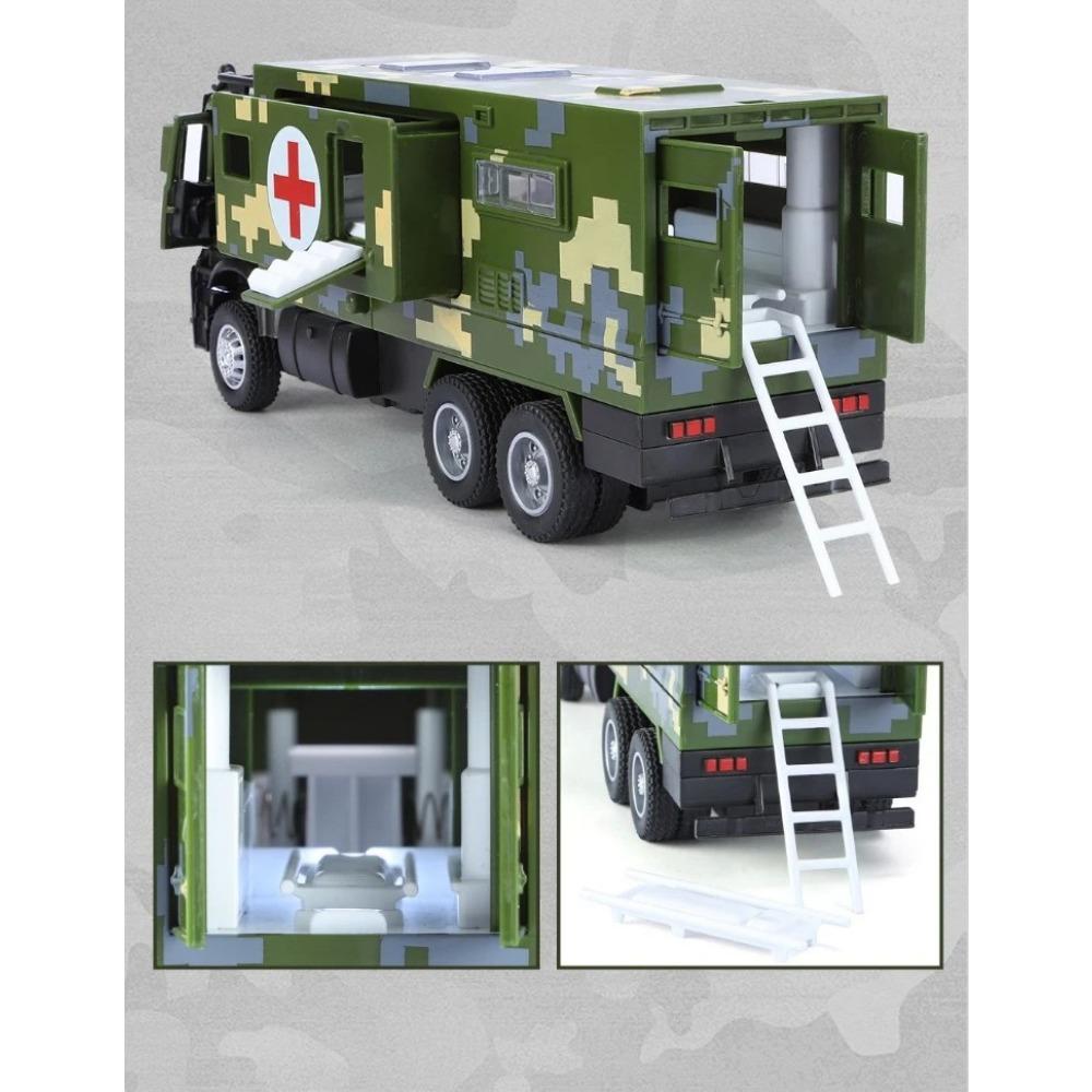 1/32 Injection Molding Military Multifunctional Vehicle Medical Sound and Light Mainan Pullback Car Boy Gift