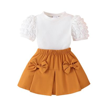 Little Girls Summer Outfits 6 12 18 24 Months 3 4 Years Round Neck Puff Sleeve Ribbed Tops + Elastic Waist 3D Bow Mini Skirt Infant Toddler Set