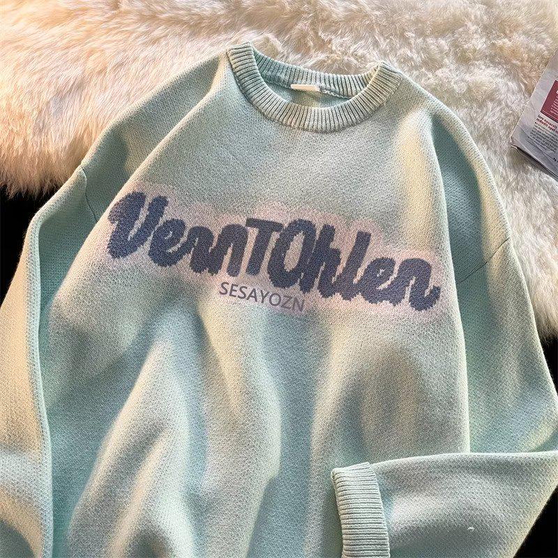 Men's Japanese Lazy Style Round Neck Sweater - Trendy Loose Fit Knitwear with Casual Letter Towel Embroidery