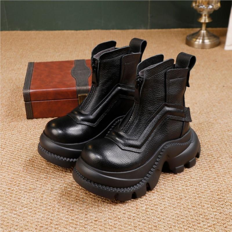 Johnature Thick Soled Short Boots Women's Genuine Leather Front Zipper Platform Boots