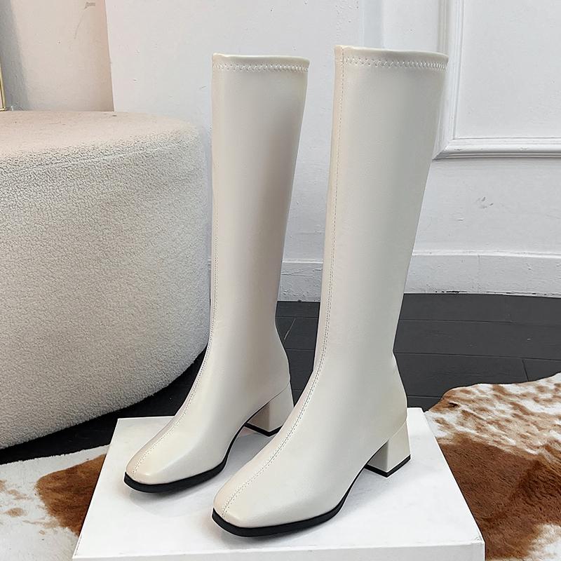 Autumn Winter Thick Heels Woman Knee High Boots Fashion Square Toe Party Dress Shoes Female Vintage Long Booties  De Muje