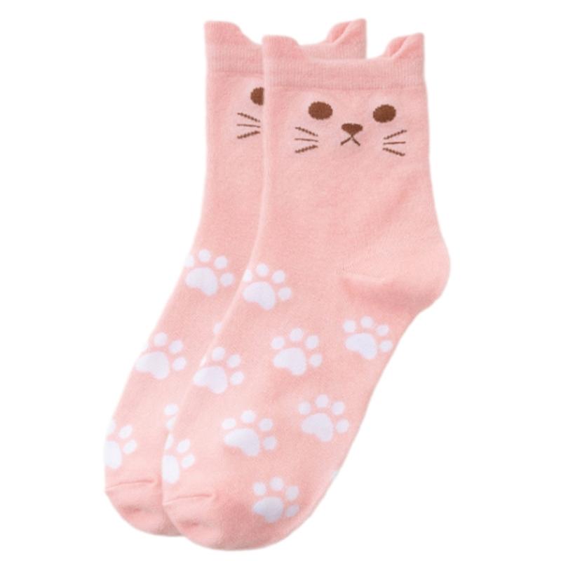 Women s Girls Cotton Middle Calf Socks with Cute Cats Ear and Paws Print Novelty Funny Cartoon Animal Crew Socks Hosiery