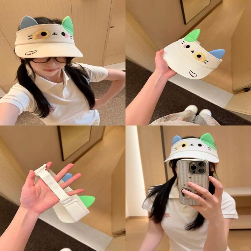 Cute Cartoon Cat Ear Sun Visor UV Blocking Breathable Soft Foldable Cap for Summer Fishing Camping Men Women
