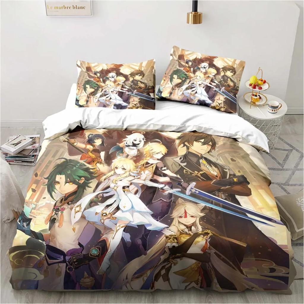 Kreslený Anime Genshin Impact Herný posteľný set do spálne Prikrývky na posteľnú bielizeň Pohodlná obliečka na paplón Prikrývka a obliečka na vankúš
