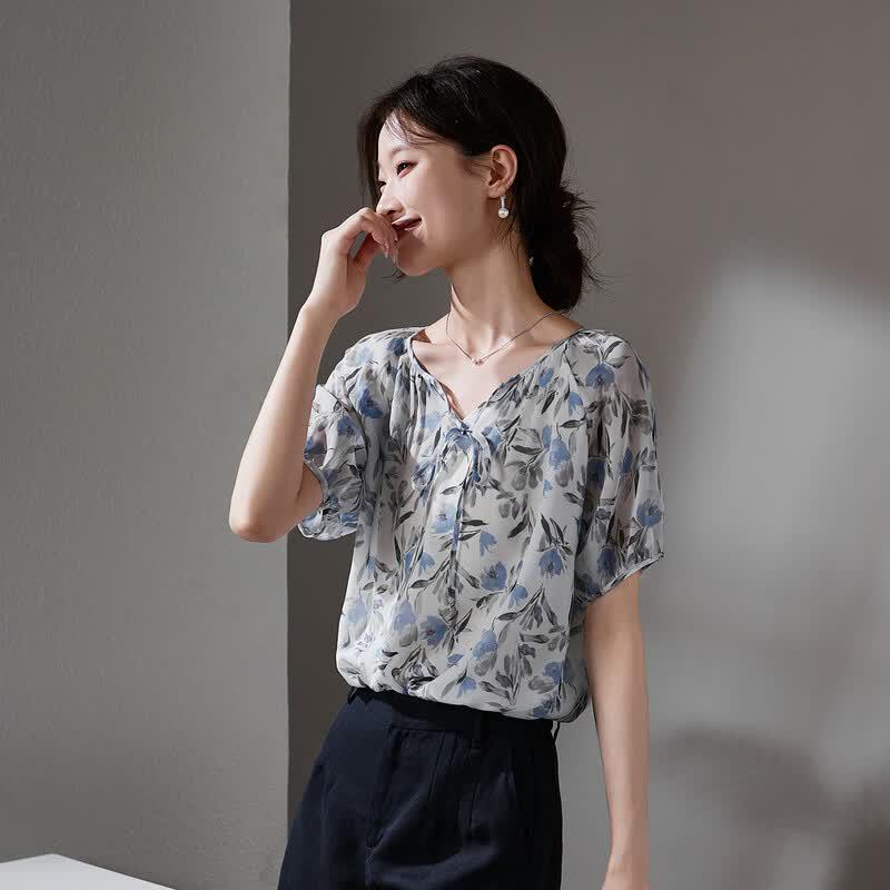 SOFSIL 2026 Summer Mulberry Silk Floral Print V-Neck Short Sleeve Blouse