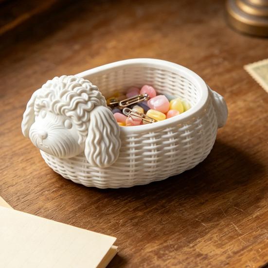 Paper Clip Storage Box Poodle Shaped Organizer, 3D Print Decorative Ornament, Plastic Novelty Desk Decoration White Container for Small Objects