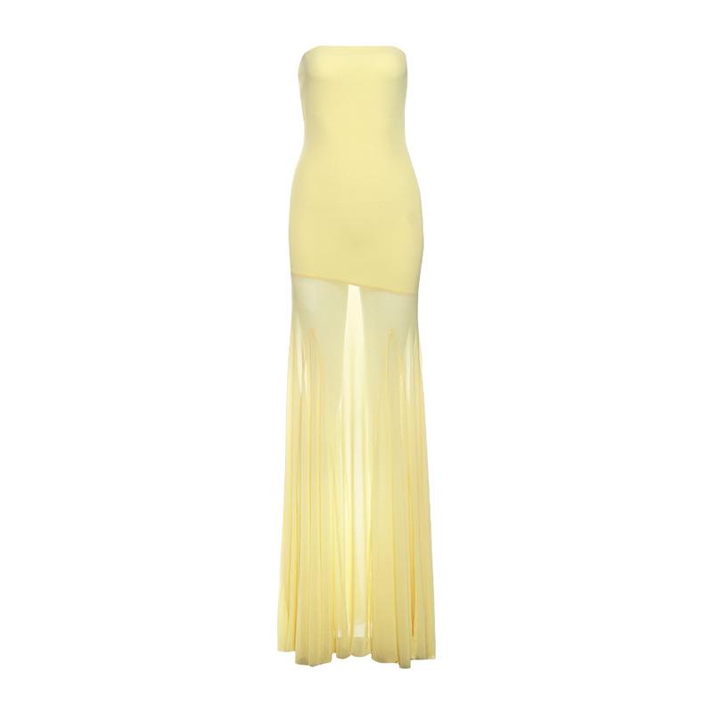 Women s Yellow Strapless Bodycon Mesh Long Dress S жёлтый
