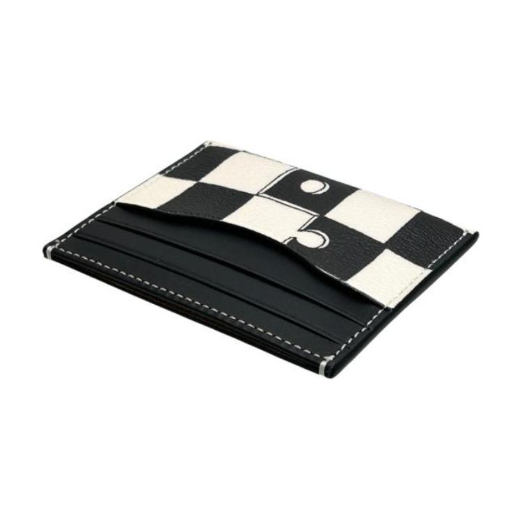 Coach Card Case 10 Checkered Print Faux Leather And Plastic With Cowhide Women Card Case Black Chalk-White CR396-QBA16