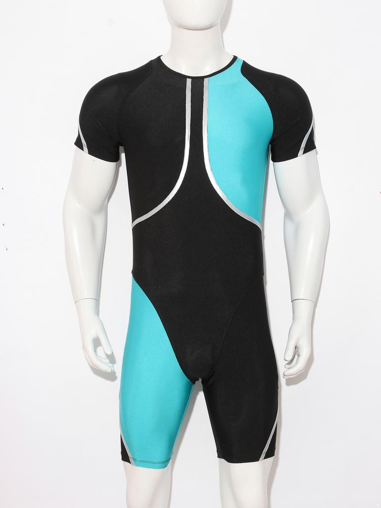 Men‘s Metallic Trim Color Block Swim Jumpsuit Short Sleeve Thigh Length Bodysuit with Back Hidden Zipper for Swimming Training