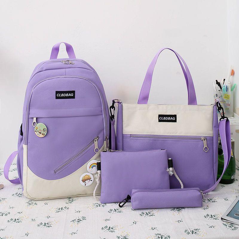 Koreanischer Canvas-Rucksack für Studenten, vierteiliges Rucksack-Set, modische Kontrastfarbe, wasserdichter Rucksack mit großer Kapazität