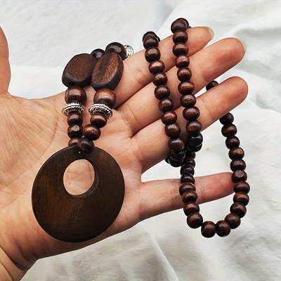 Bohemian Style Wooden Beaded Necklace with Large Pendant - Men'S Jewelry
