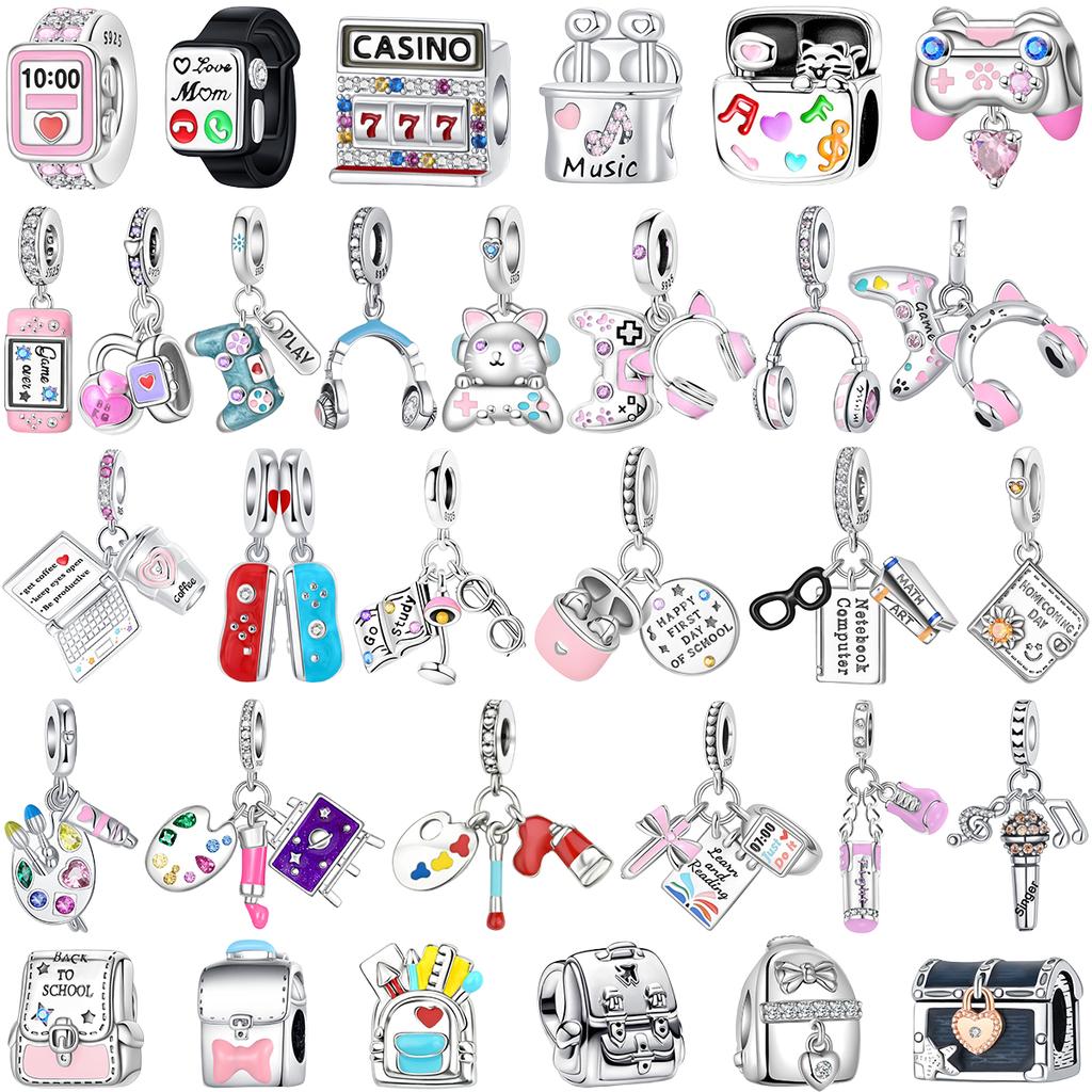 Back To School Copper Charms Bag Earphone Magic Cube Watch Games Console Bead Pendant Fit Bracelet Necklace Jewelry