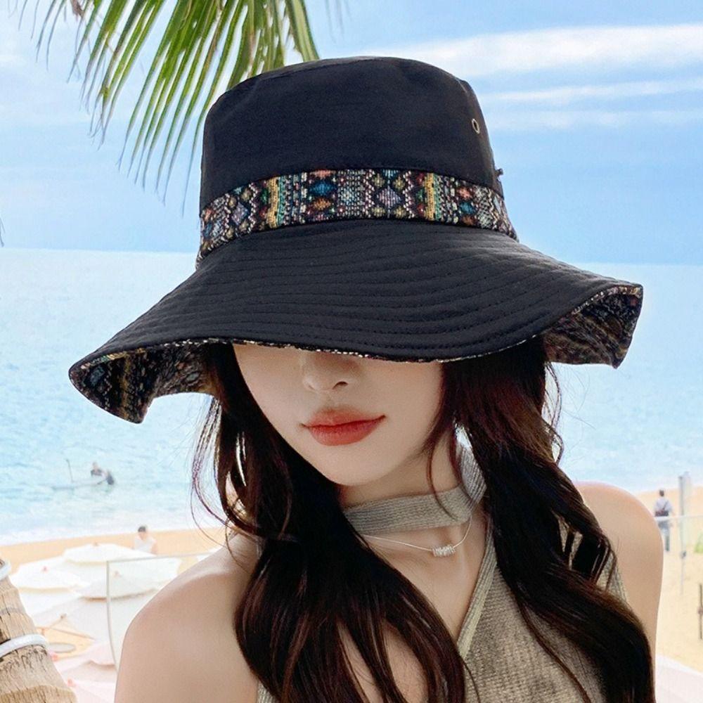 Floral Printed Women's Sun Hat Wide Brim Mountain Climbing Hat Retro Wide Brim Bucket Hat  Travel