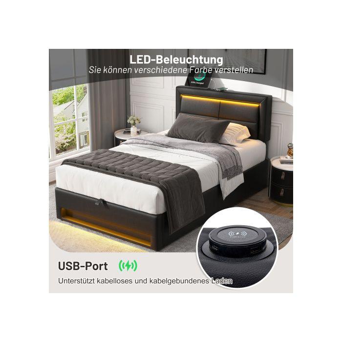 Lit rembourré - MUVOE - 90 x 200 cm - USB - Éclairage LED - Rangement sous le lit
