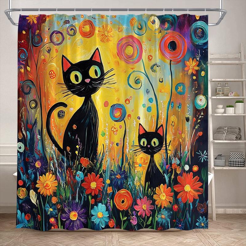 Funny Black Cat Shower Curtains Cute Animal Pet Floral Vintage Painting Art Modern Fabric Home Bathroom Decor Bath Curtain Set