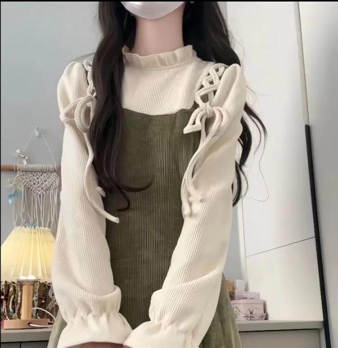 Autumn Women's Korean Style Long Sleeve Base Shirt Tops Waist Cinching Slim Effect Shoulder Strap Dresses Two-piece Set