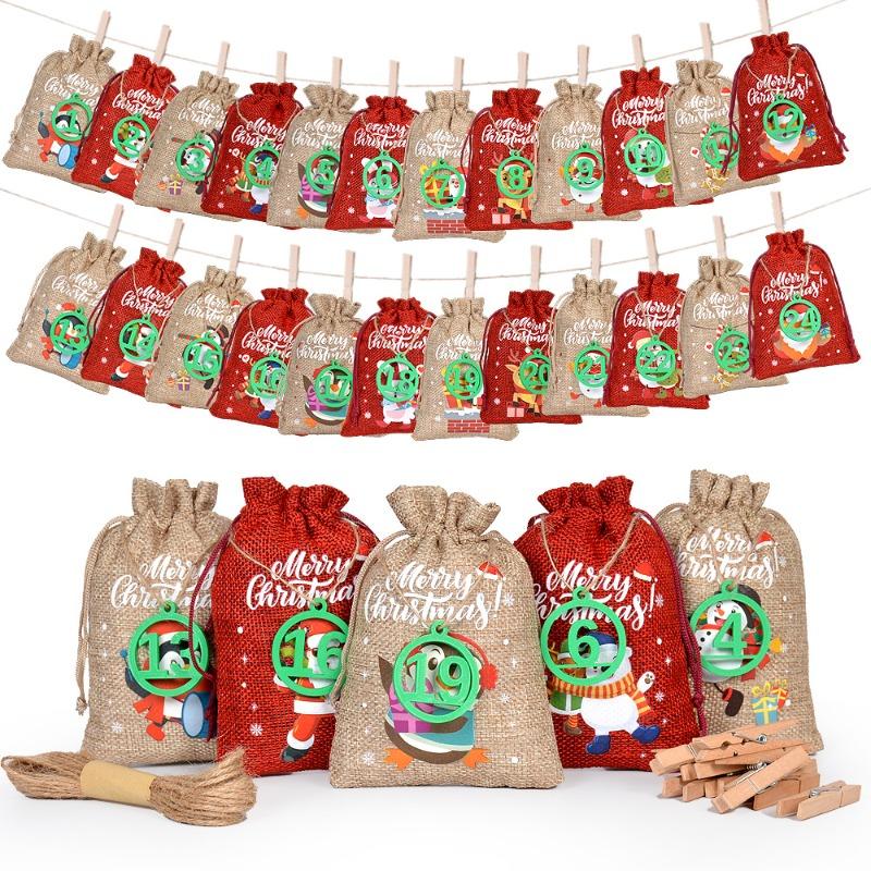 

24pc/set Christmas Arrival Festival Calendar Bag Countdown Gift Bag Linen Drawstring Bag Gift Bag Christmas Tree Ornament 10x14cm