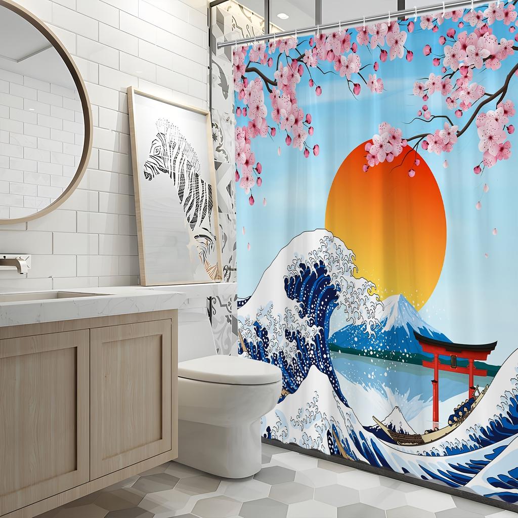 Japanese Art Bath Curtain - Cherry Blossoms, Great Wave, Mount Fuji; Waterproof Home Decor Adds Cultural Charm To Bathroom.