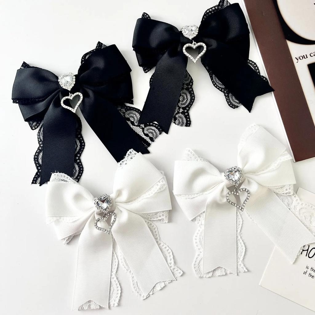 Korean Women's Lace Bow Tie Brooch Heart Shape Rhinestone Pendant Lolita Suit Skirt Accessories Pin Clips Handmade Jewelry Gift