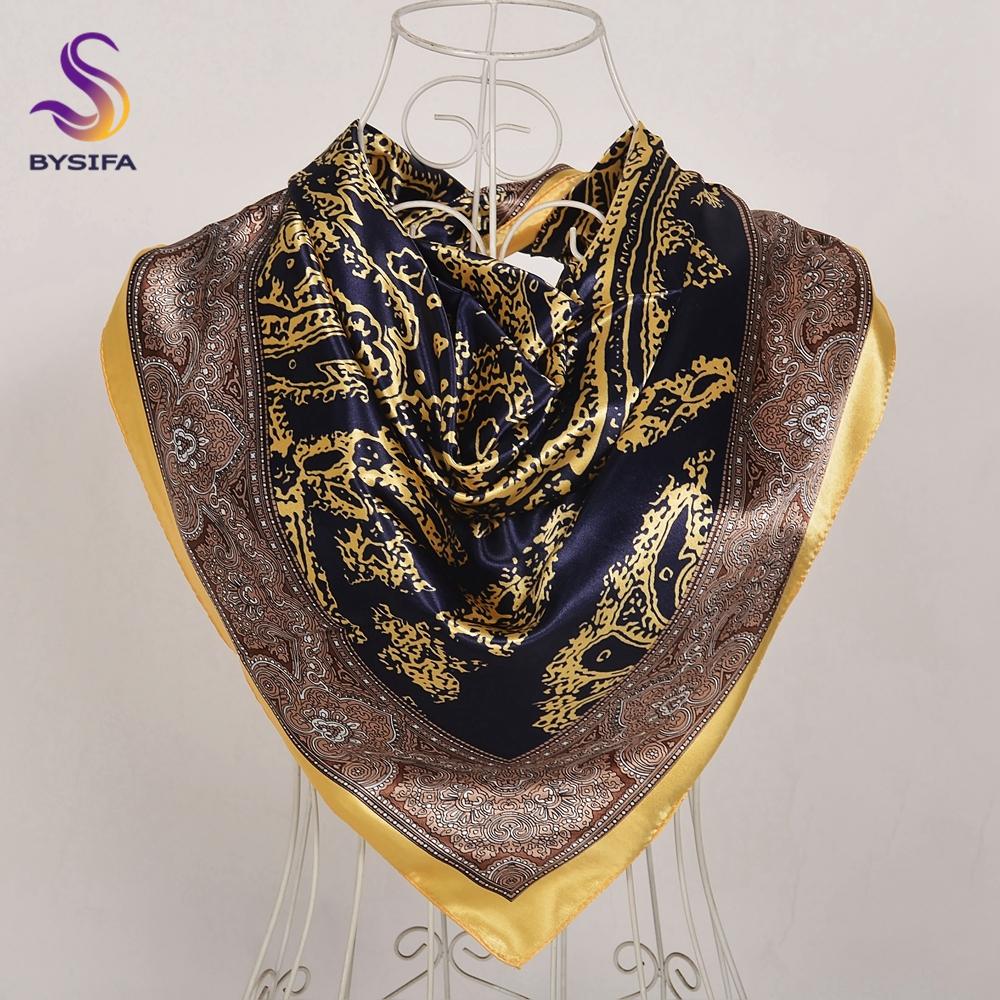 [BYSIFA] Women Silk Scarf Shawl Printed Chinese Rose Navy Blue Red Square Scarves 90*90cm Fashion Accessories Headscarves Hijabs