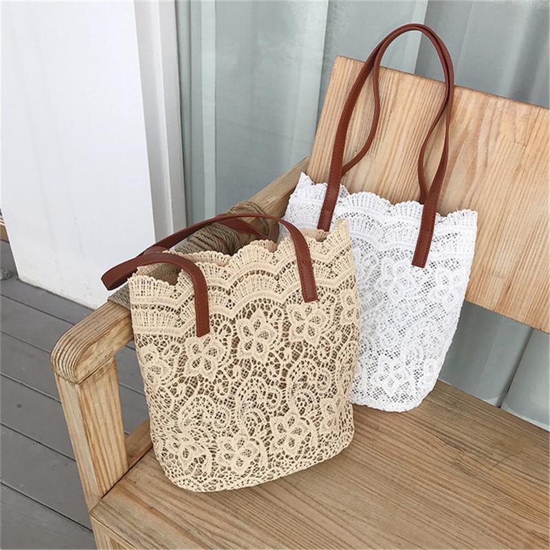 Borse in paglia intrecciata con design traforato 'Spiaggia Sabbiosa', Borsa a tracolla estiva in pizzo, Borsa a uncinetto con fiore all'uncinetto