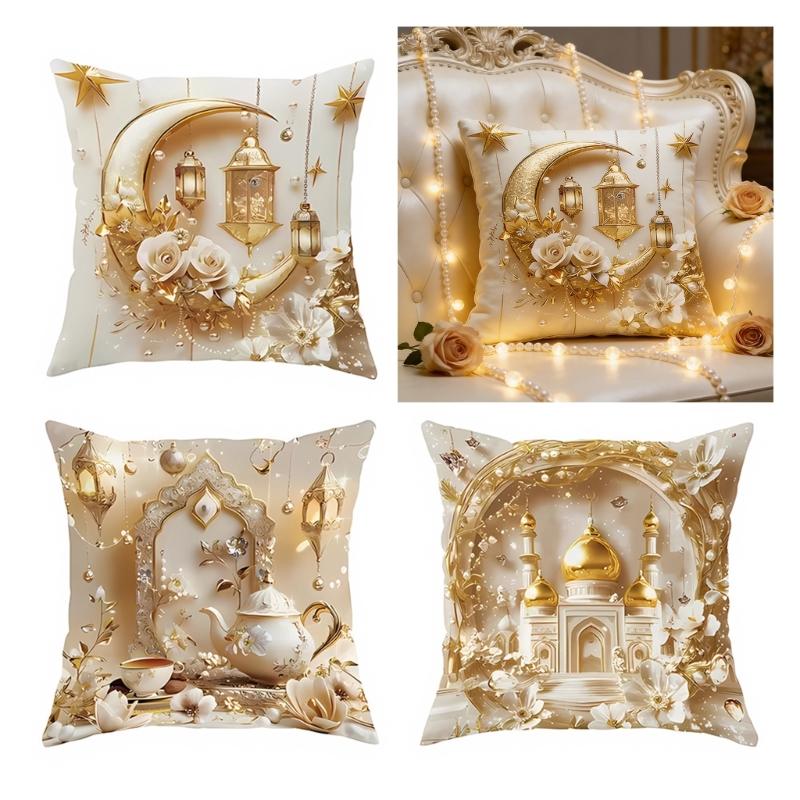 Soft Short Plush Cushion Cover Gold Moon Ethnic Festival Print 45x45cm Standard Size for Home Decoration