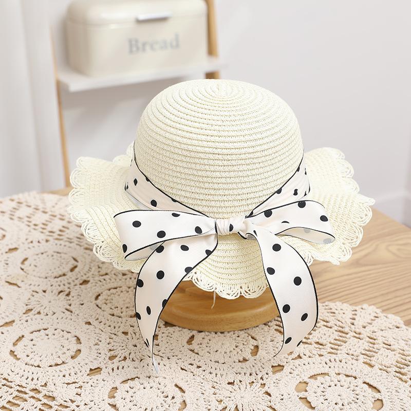 Summer children's straw hat wavy lace straw hat bag two-piece set foreign style cute flower sunscreen sun hat