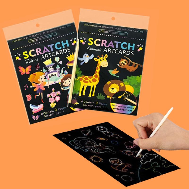 18 PCS Scratch Painting Papers Magic Rainbow Colored Drawing Set Space Animal Ocean Pirate Bamboo Stick Gifts for Boys Girls ZYF