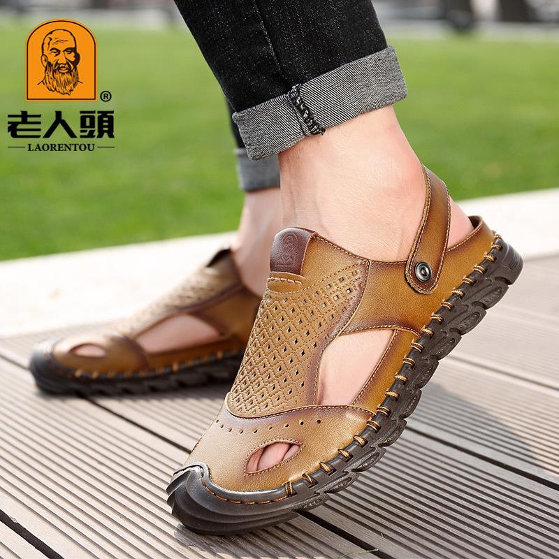 

Мужские сандалии двойного назначения для улицы, повседневные, модные, с закрытым носком, из первого слоя коровьей кожи, на толстой подошве, нескользящие, галоши 44 хаки