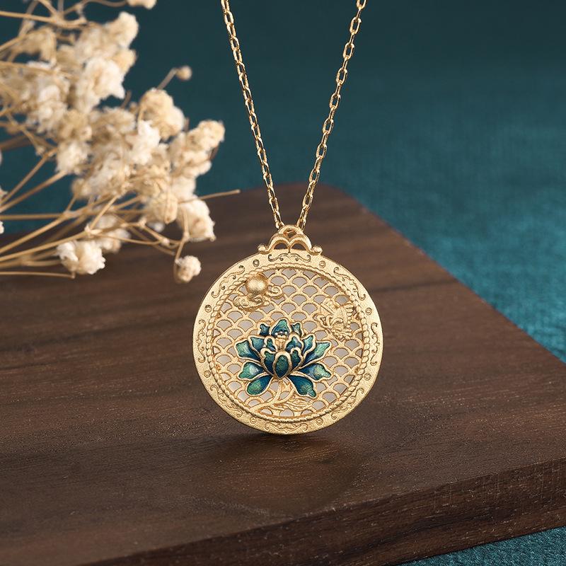 Cloisonné Enamel Lotus Jade Round Pendant Retro Necklace