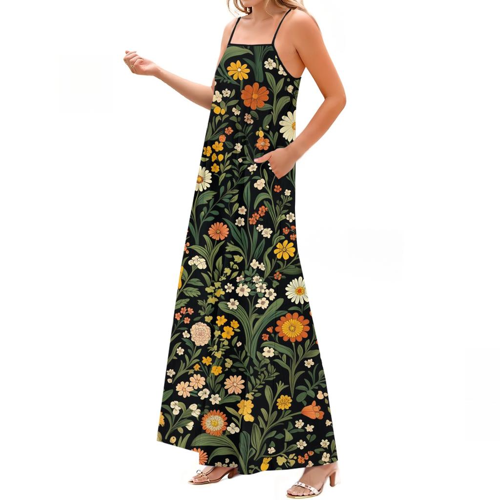 Damska Wiosenno-Letnia Codzienna Moda Regulowane Szelki Drukowana Długa Sukienka
