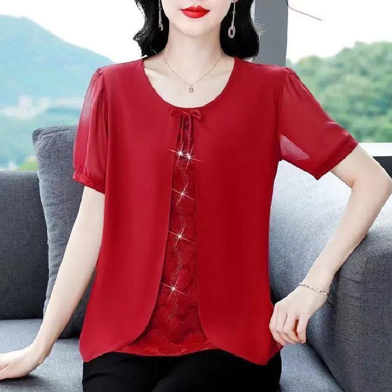 Women's Pink Short Sleeve Blouse Ruffled Tie Front Chiffon Loose Casual Daily Elegant Office Top