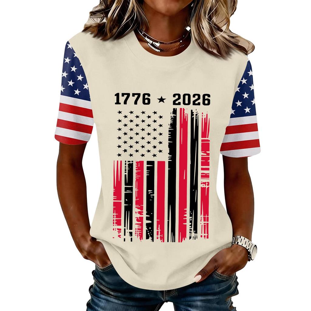 Women’s Short Sleeve Crew Neck T Shirt with 1776 2026 Print and Distressed Flag Graphic Casual Top