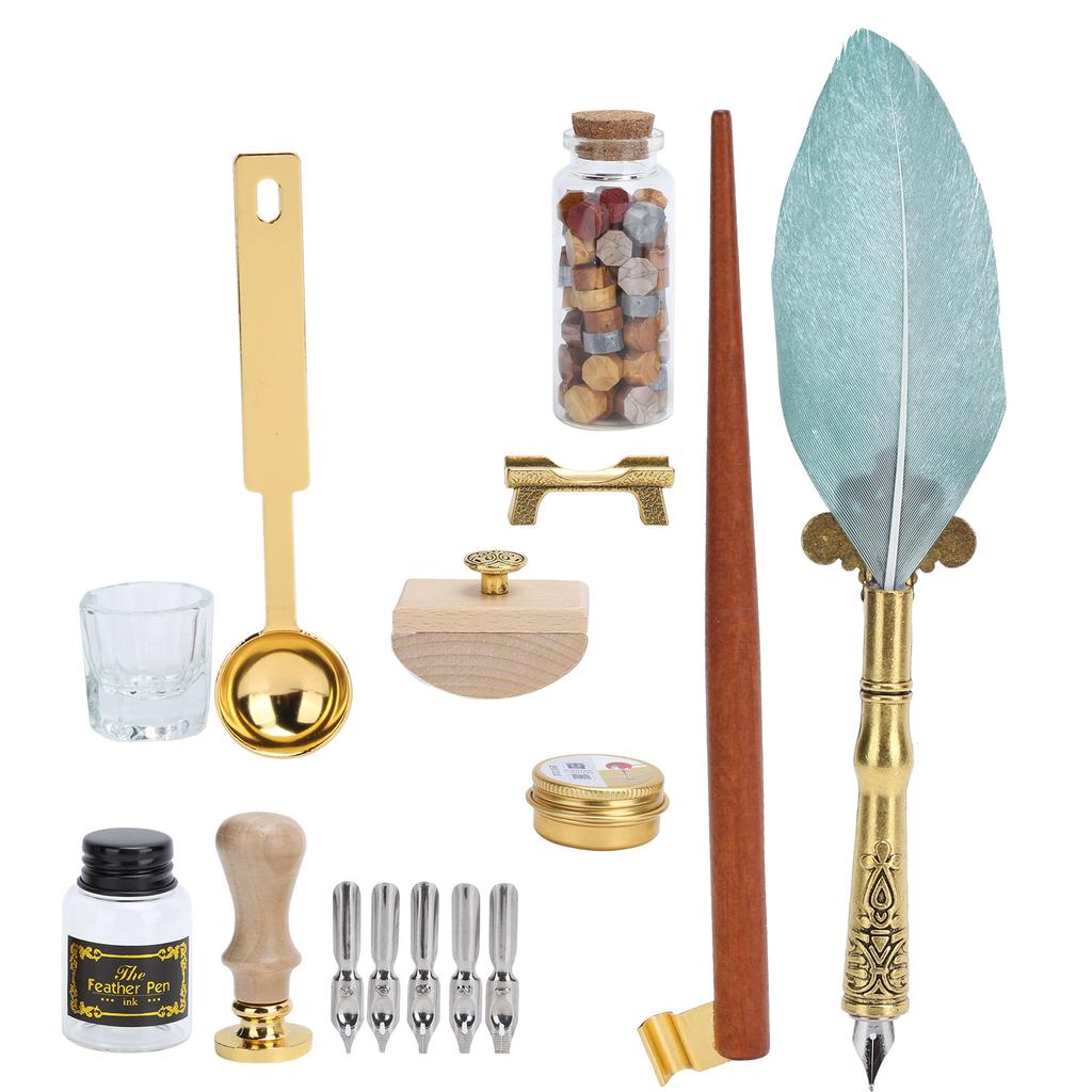 Feather Pen Wax Set Quill Dip Writing Ink Stamp Kit Vintage Student Stationery Gift BoxSP225043 Pearl Green Black