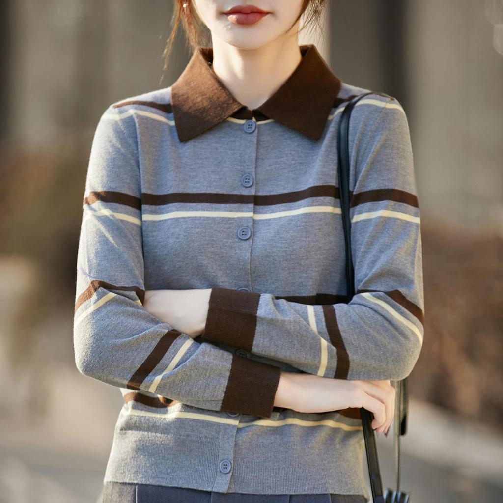 Women's Retro Color Block Striped Polo Knit Cardigan - Long Sleeve, Soft Fluffy Sweater Coat, Age-Reducing Knitwear